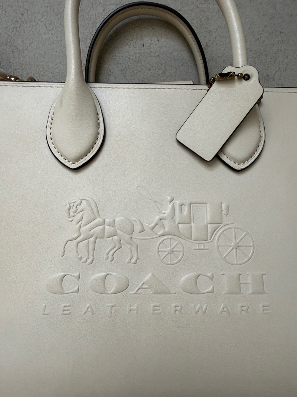 COACH Cream Leather Top-Handle Satchel with Logo and Signature Crossbody Strap - Picture 2 of 14